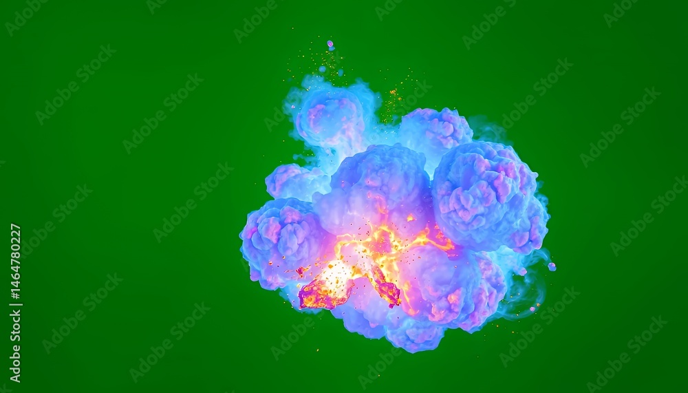 Poster dynamic blue and pink explosion with orange particle trails isolated on green screen background idea