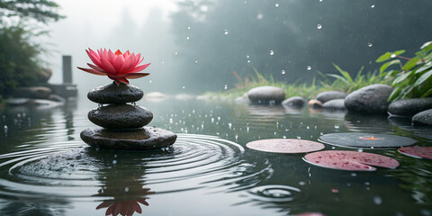 Naklejka premium garden with water lily, zen garden with stones and flowers, lake, lotus, pink lily, pond, garden, 