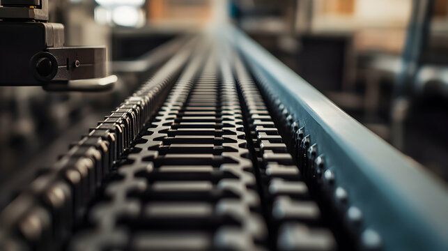 Close-up of a conveyor belt system inside a factory or industrial setting.