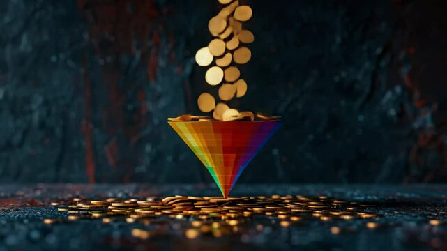 A multi color funnel with data coming into a coin falling, Generative AI Videos.
