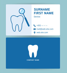 Modern dentist business card design with tooth and magnifying glass icon.