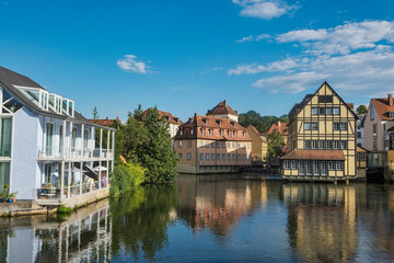 Old and new houses on the banks of the Regnitz River in Bamberg