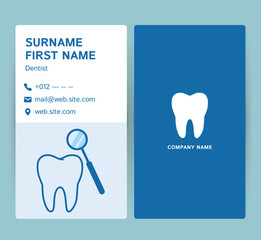 Modern dentist business card design with tooth and magnifying glass icon.