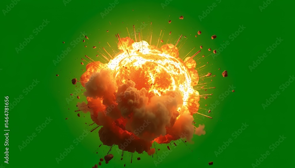 Poster dynamic orange and white fireball explosion with billowing smoke and particle debris isolated on gre