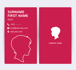 Red business card design with feminine profile silhouette for stylist or beauty professional.