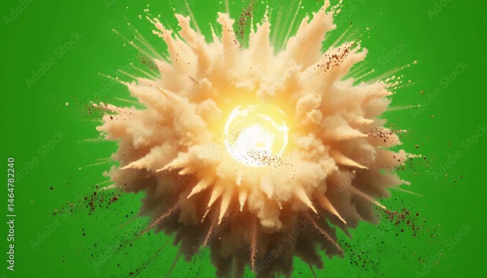 Poster dynamic sand explosion with glowing core scattering debris isolated on green screen background for v