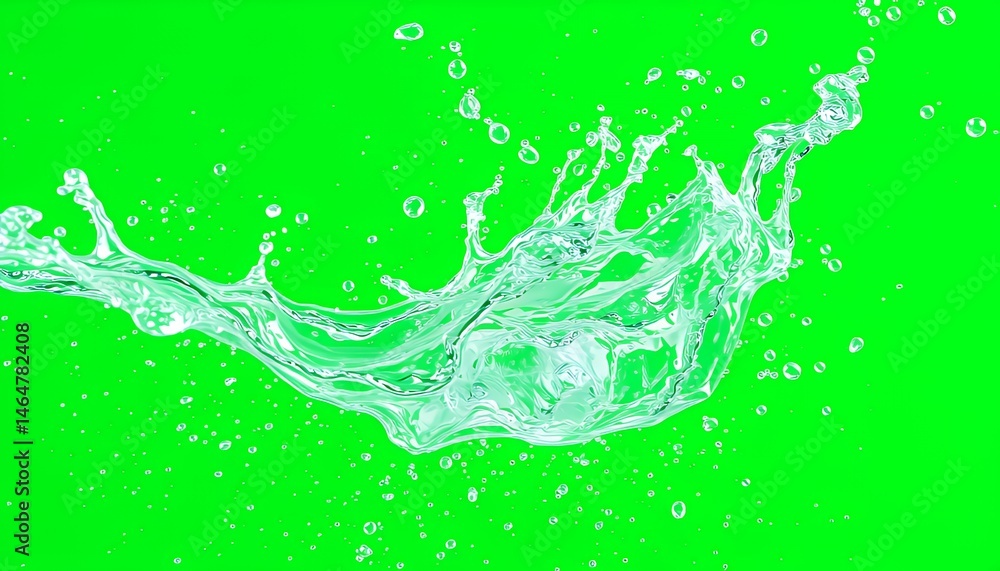 Poster dynamic water splash with droplets isolated on green screen background perfect for visual effects an
