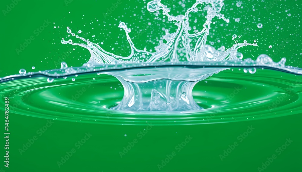 Poster dynamic water splash forming a crown shape isolated on green screen background with transparent liqu