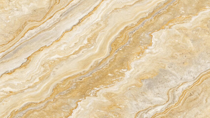 Obraz premium The natural beauty of onyx marble is captured in this image, showing a polished slab with flowing beige, cream, and gold veins and a reflective sheen.