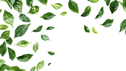 Vibrant Green Flying Leaves on Transparent Background for Nature Design Projects