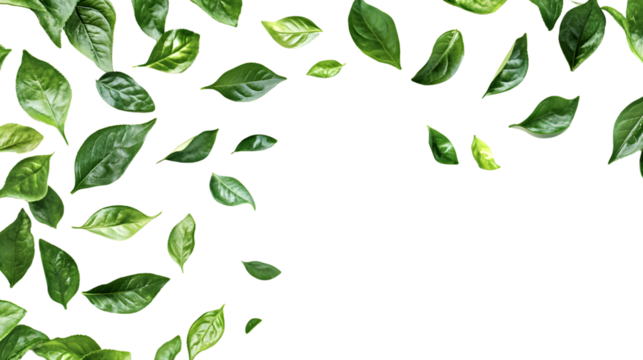 Vibrant Green Flying Leaves on Transparent Background for Nature Design Projects