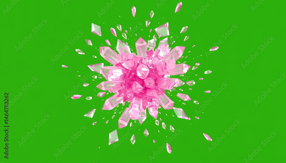 Poster exploding pink crystals forming symmetrical cluster isolated on green screen background top down vie