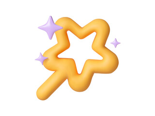 3D magic wand in the shape of a yellow star, surrounded by soft holographic sparkles. Glossy pastel tones with clean white background. Suitable for UI, app icons, branding.  Vector illustration 