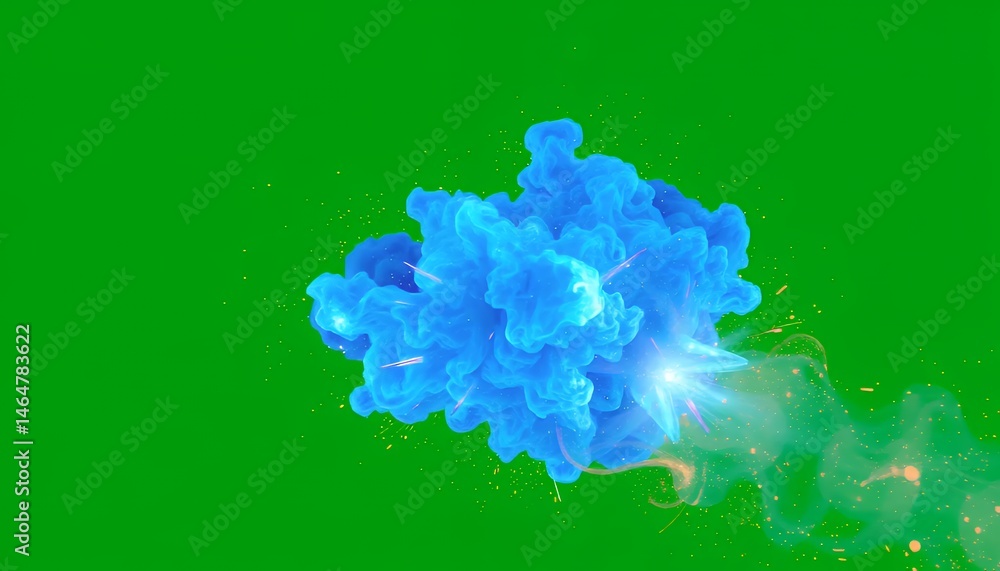 Poster explosive blue burst with fiery trail isolated on green screen background for visual effects and dyn