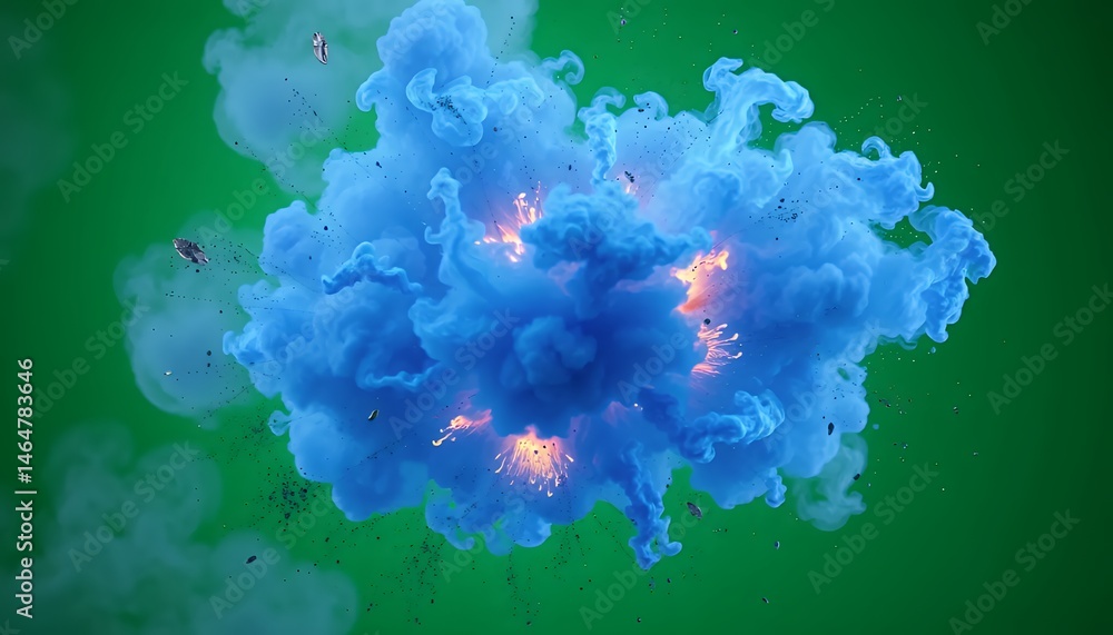 Poster explosive blue smoke and particle burst with fiery light isolated on green screen background perfect