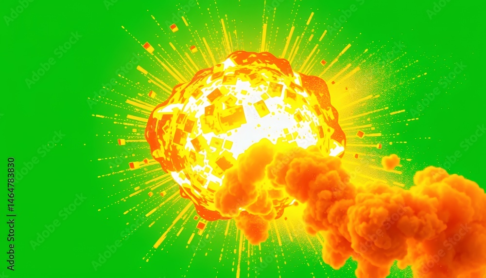 Poster explosive fireball blast with orange smoke and debris isolated on green screen background isolated i