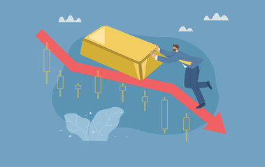 The price of gold market has fallen sharply, The crisis of gold investment, Business or economic downturn, Investors are battling falling gold prices. Vector design illustration.
