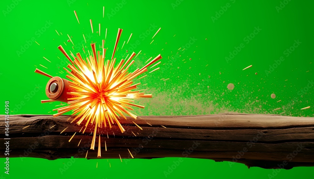 Poster fiery explosion on dark brown log isolated on green screen background for visual effects compositing