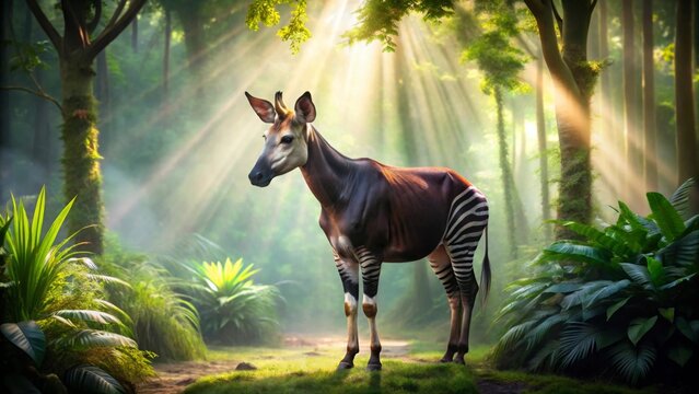 Okapi in a sun-dappled forest clearing, serene and majestic amidst lush green vegetation