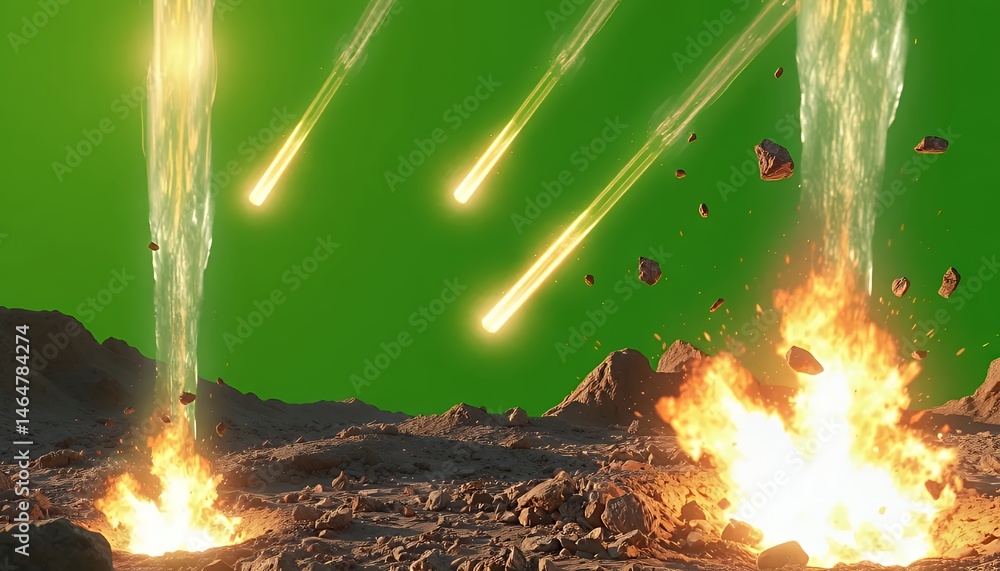 Poster fiery meteorite impact on rocky terrain with explosions isolated on green screen background perfect 