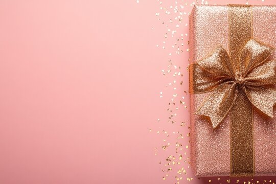 A blush pink background with a gift box adorned with a golden ribbon bow. Gold glitter confetti is scattered around the gift, creating a festive look
