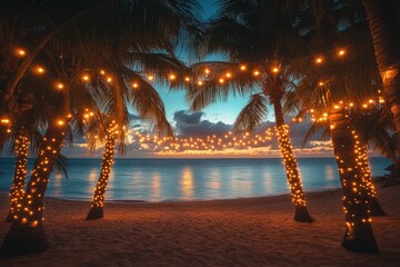 Serene Beach at Sunset With Palm Trees Illuminated by Holiday Lights Creating a Magical Atmosphere for a Peaceful Getaway