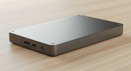Sleek Metallic Device Resting on a Light Wooden Surface CloseUp