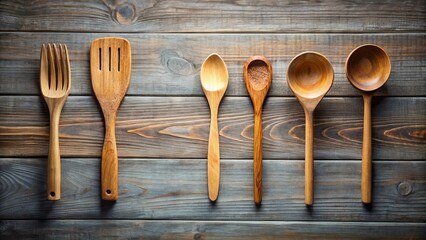 Rustic wooden kitchen utensils arranged on a weathered wood surface, showcasing a spatula, fork, and assorted spoons of varying sizes and shapes