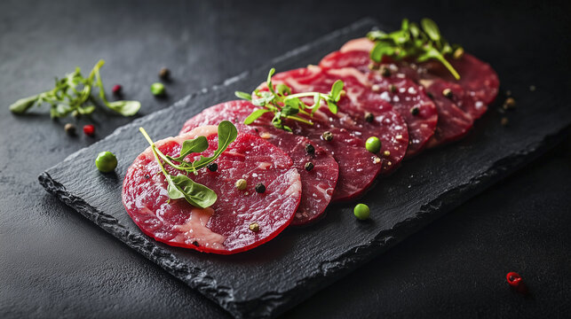 Thin slices of beef, garnished with microgreens, capers, and peppercorns, served on a black slate board