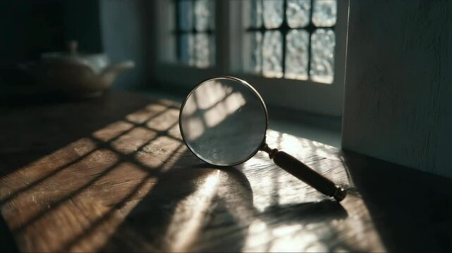 Front view of magnifying glass on table, bright natural light. v3