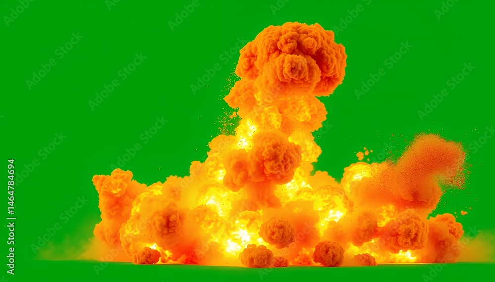 Poster fiery orange explosion cloud isolated on green screen background perfect for visual effects and comp