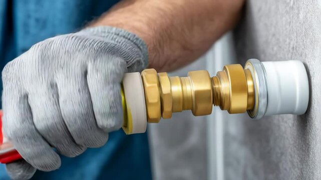 Gloved hands sealing white pipe into a golden coupling using plumber's tape and wrench. v1