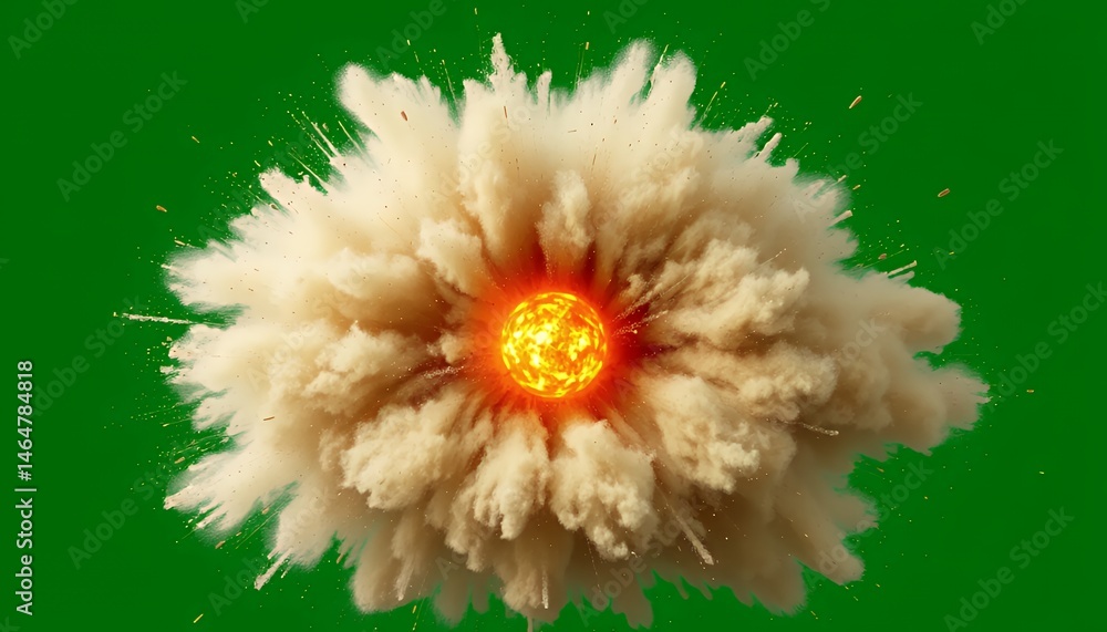 Poster fiery orange sphere explosion with beige smoke isolated on green screen background for visual effect