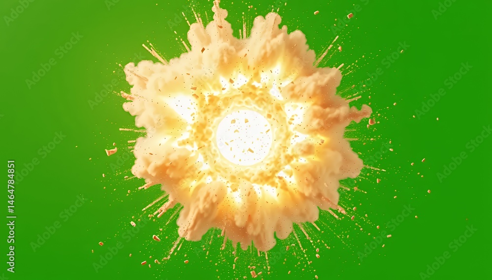 Poster fiery spherical explosion of orange and yellow smoke isolated on green screen background for visual 