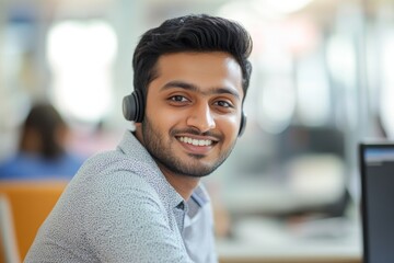 Close-up portrait of a young Indian man sitting in the office at the desk wearing a headset, smiling and talking to the camera