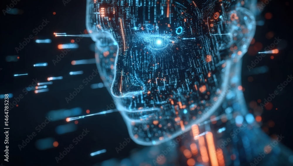 Aufkleber digital illustration of an ai head visualizing digital data in vivid lights and colors with futurist