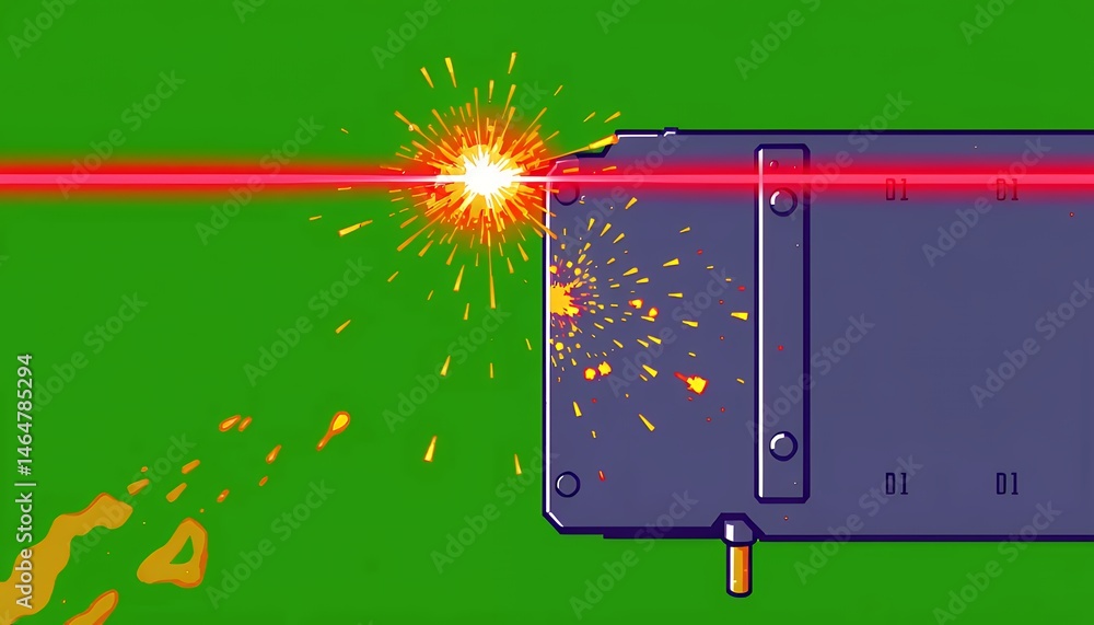 Poster futuristic device impacted by red laser beam emitting orange sparks isolated on green screen backgro