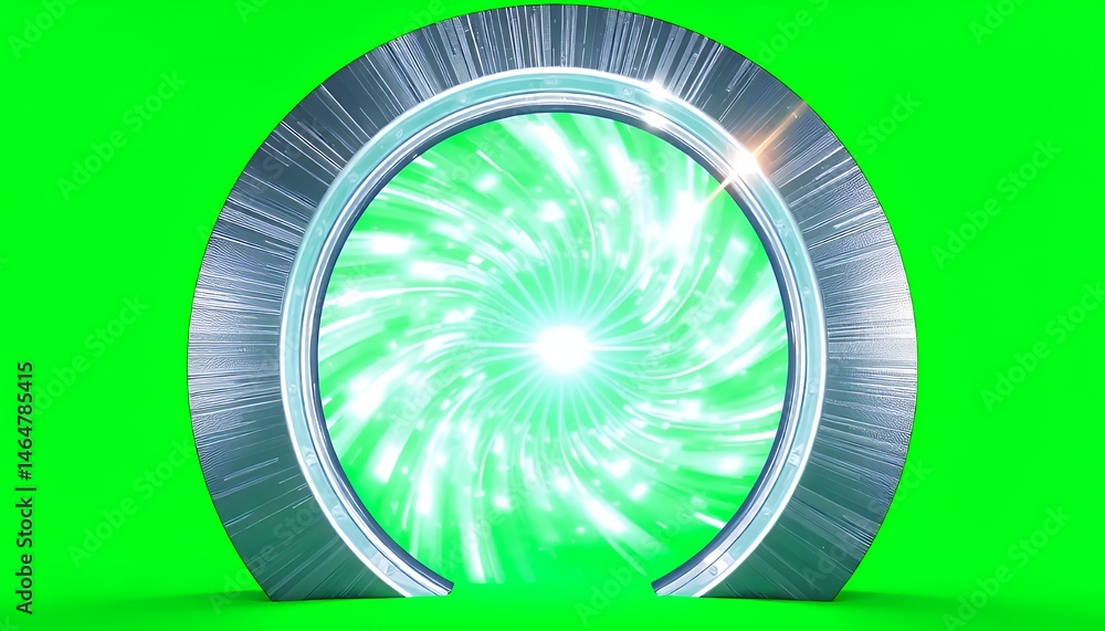 Poster futuristic silver portal with swirling green energy vortex isolated on green screen background for v