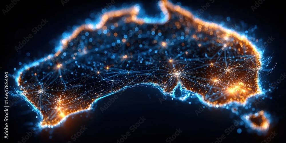 Poster digital map of australia featuring glowing connections and networks illustrating technological advan