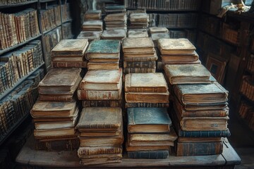 Obraz premium Explore an Enchanting Library Filled With Ancient Tomes and the Whisper of Dusty Pages in a Quiet, Atmospheric Setting