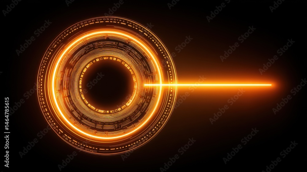 Poster cybersecurity key, abstract digital design featuring a circular pattern with an orange laser beam ag