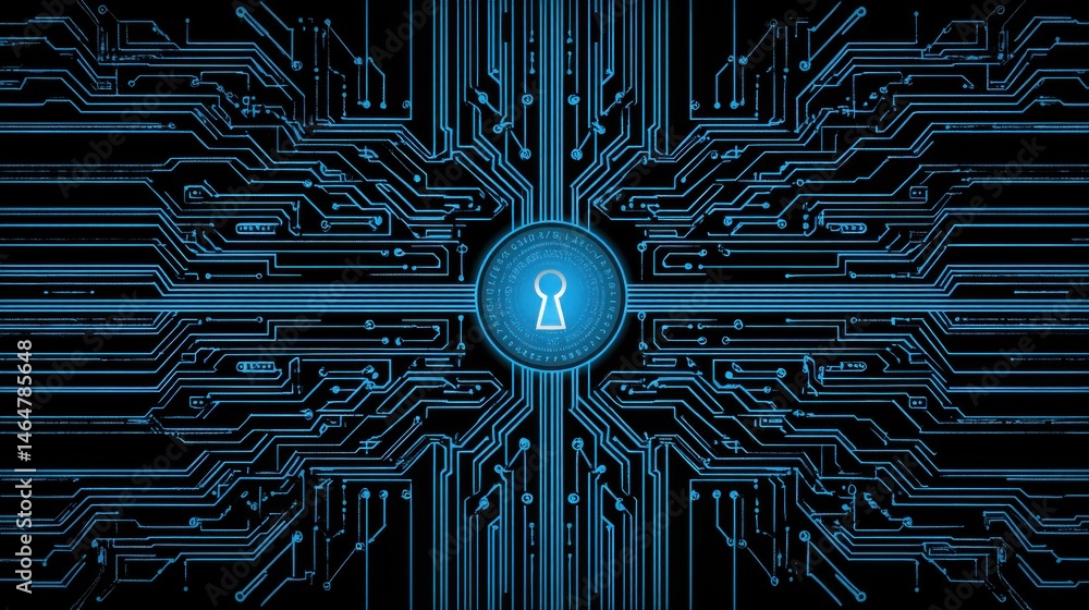 Aufkleber cybersecurity key, digital circuit design featuring a central keyhole, symbolizing security and tech
