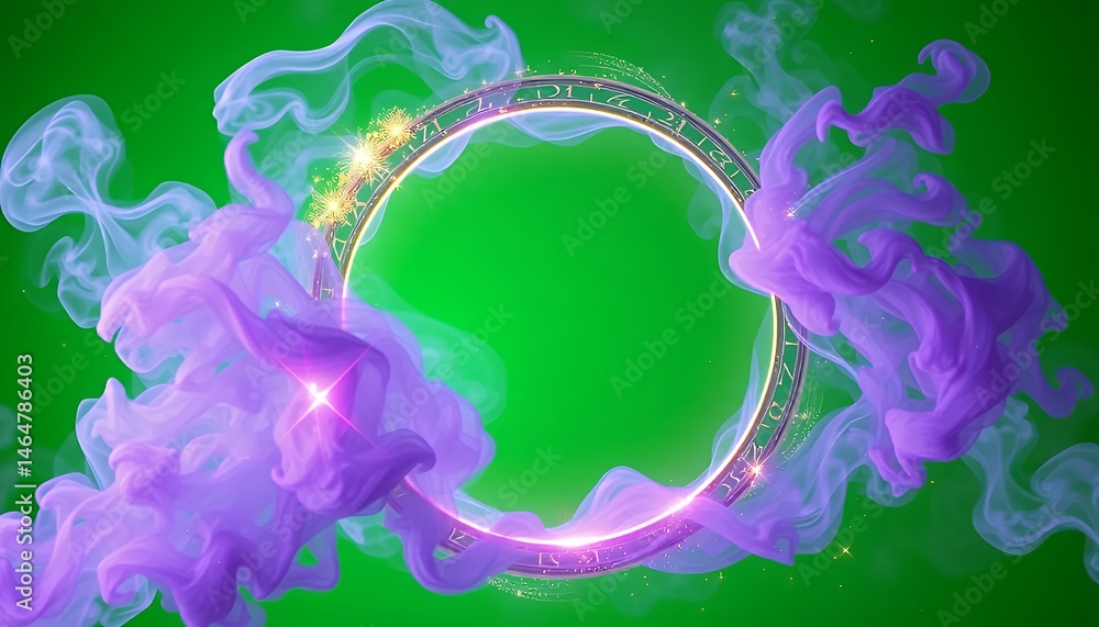 Poster golden circle frame with violet smoke and sparkling accents isolated on green screen background perf