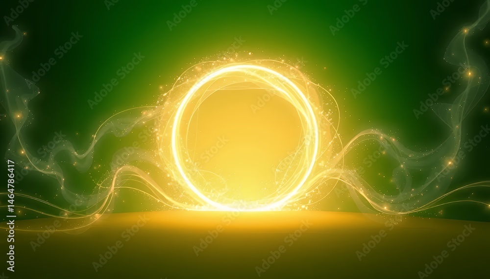 Poster golden circular portal with ethereal particles and flowing energy isolated on green screen backgroun