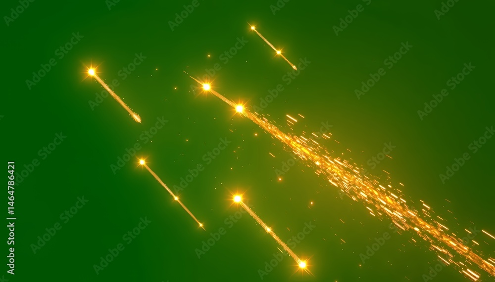 Poster golden comet trails streaking diagonally with sparkling particles isolated on green screen backgroun