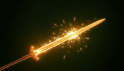 Golden Fantasy Pixel Sword Casting Light and Sparks From High Angle Isolated On Green Screen Background Ideal for Movie Game Vfx and Other Fantasy Related Visuals