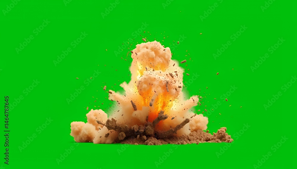 Poster ground level orange explosion with dirt smoke fire isolated on green screen background isolated for 