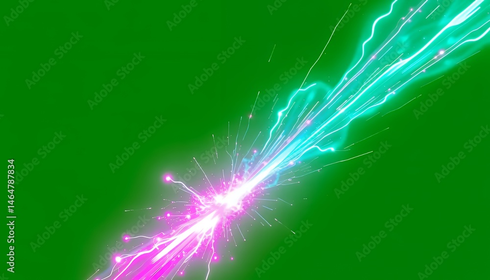 Poster high angle shot of stylized electric lightning effect isolated on green screen with bright sparks an