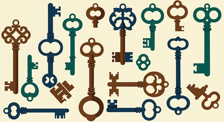 Collection of Antique Style Keys in Various Colors and Designs