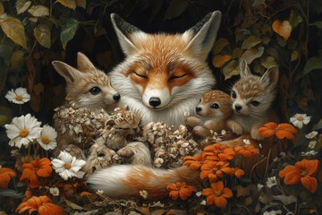 Fototapeta premium Surreal Illustration of a Family of Animals Bonding in a Tranquil Forest Setting During Golden Hour Moments of Joy